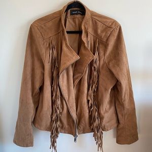 Suede motto jacket with fringe